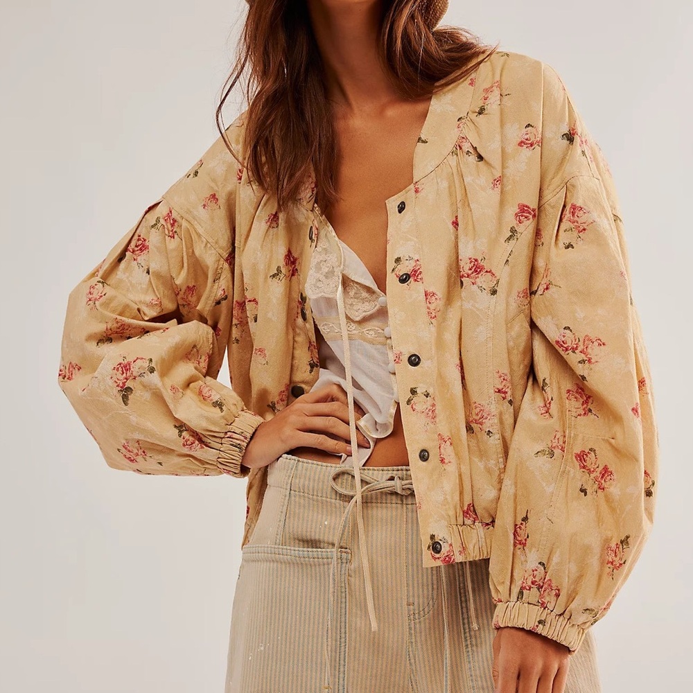 FREE PEOPLE RORY BOMBER IN WARM COMBO FLORAL MEDIUM